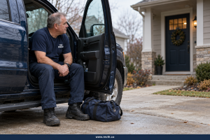 Firefighter taking a pause in the care in his driveway before entering his home after a shift