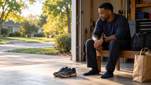 A man thinking about putting his running shoes on but does not have the energy to.