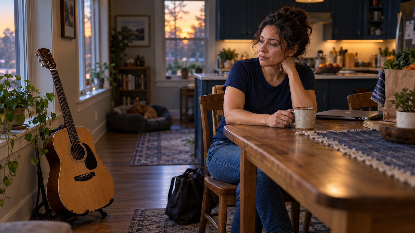 A woman pauses at her kitchen table beside groceries and a closed laptop, looking toward an untouched guitar. AI generated illustrative scene, not an actual client.